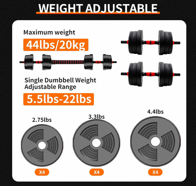 5-44lbs Adjustable Dumbbell to Barbell Set, Anti-Slip Grip, Versatile Home Gym Fitness Strength Training Barbell Weight Plates