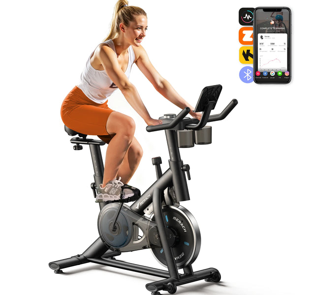 MERACH Exercise Bike Brake Pad Stationary Bike Low Noise Indoor Cycling Bike 270lbs Weight Capacity Tablet Mount Fitness Courses