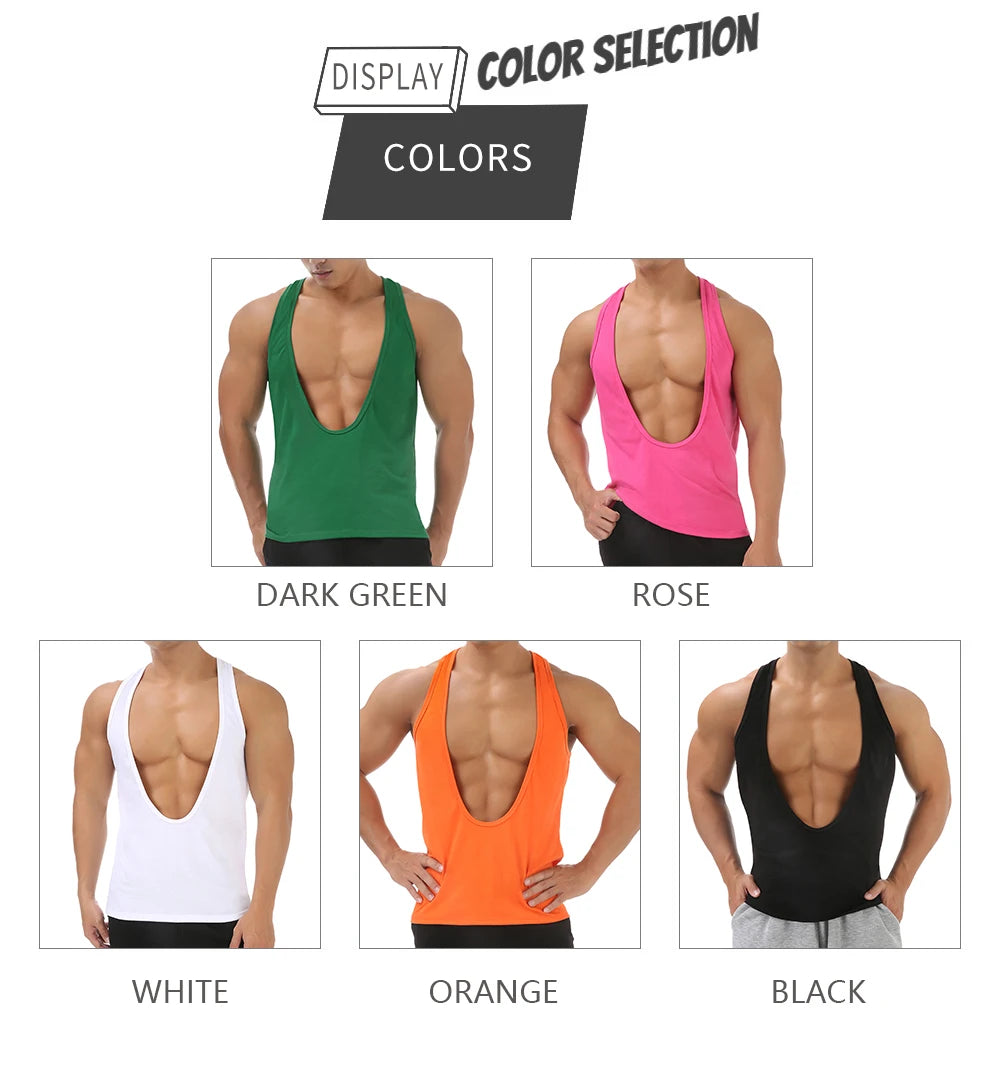 Muscle Tank Vest Men's Sports Sleeveless Shirts Sexy Deep V Neck Loose Summer Vests Solid Color T Shirts Fitness Gmy Tops