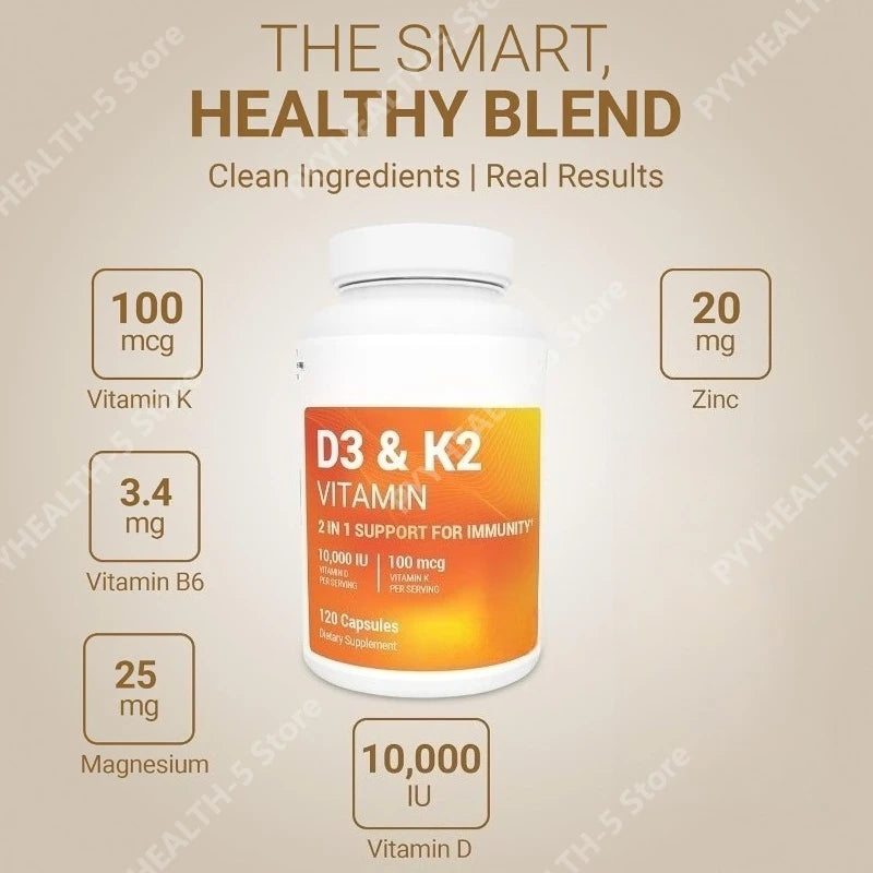 Vitamin D3 & K2 10,000 IU+MK-7 120 Capsules–Supports Bone & Heart Health with Magnesium Zinc & B6–No Fillers Non-GMO for Adults