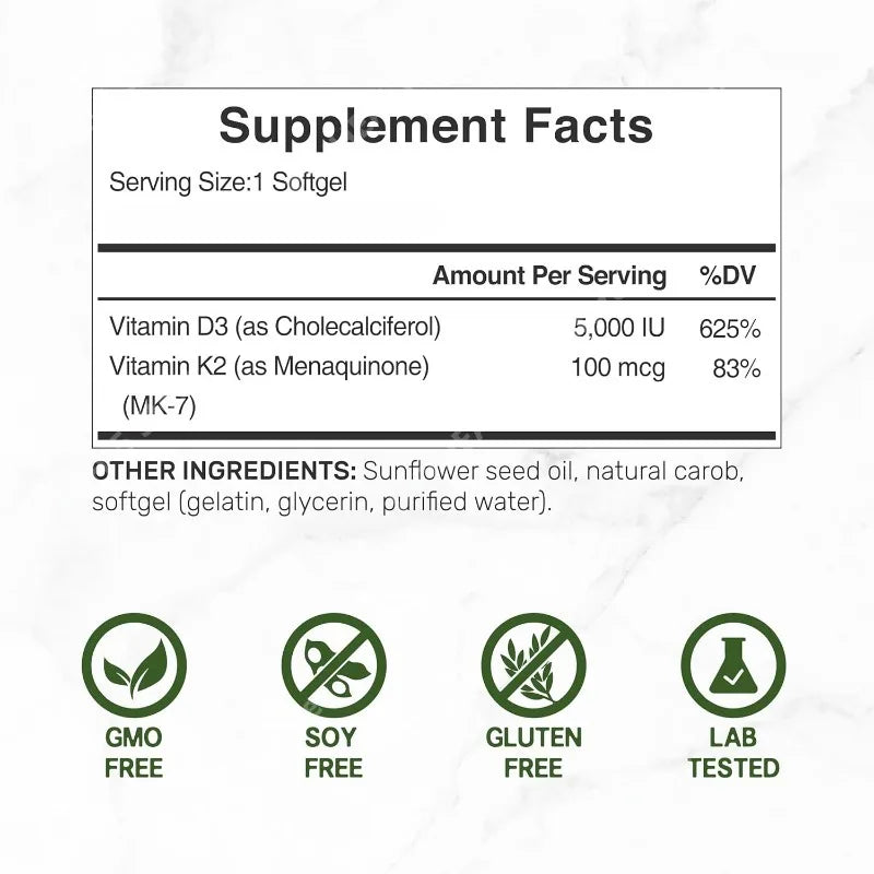 Vitamin D3 5,000 IU + K2 MK7 Softgels, 150 Count | 2-in-1 Complex | Easy To Swallow Compound Vitamin Health Food