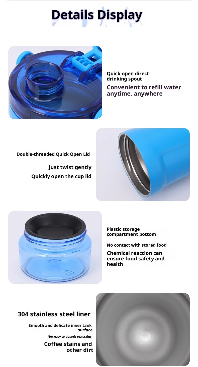 New Double-layer Protein Powder Shaker Cup, 304 Stainless Steel Insulated Sports and Gym Water Cup with Storage Compartment
