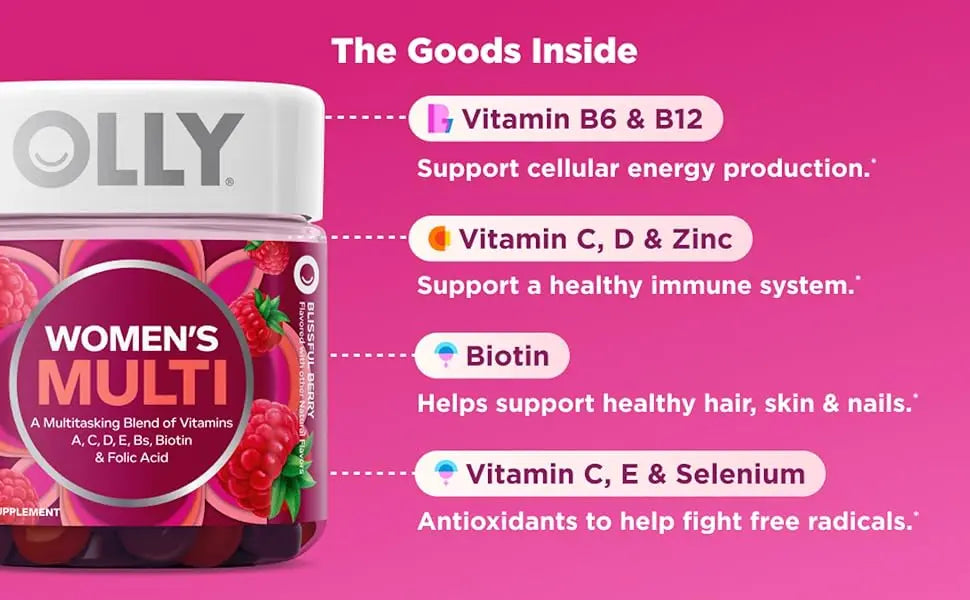 OLLY Women's Multivitamin Gummy, Vitamins A, D, C, E, Biotin, Folic Acid, Adult Chewable Vitamin, Berry Flavor, 45 Day Supply