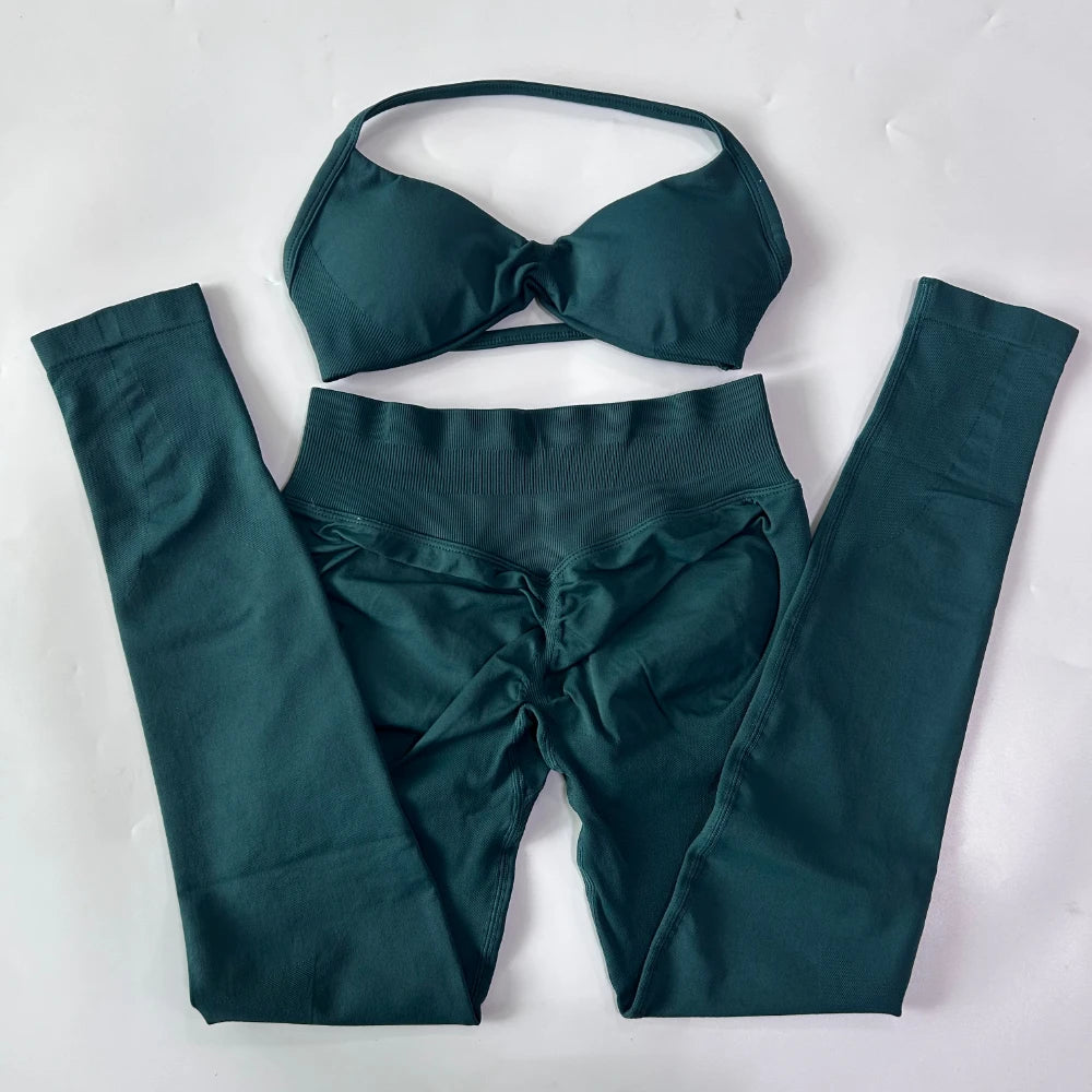 2 Pieces Set For Woman Strappy Yoga Bra Sports Top Workout Leggings Set Seamless Gym Set Fitness Clothes Outfit Activewear