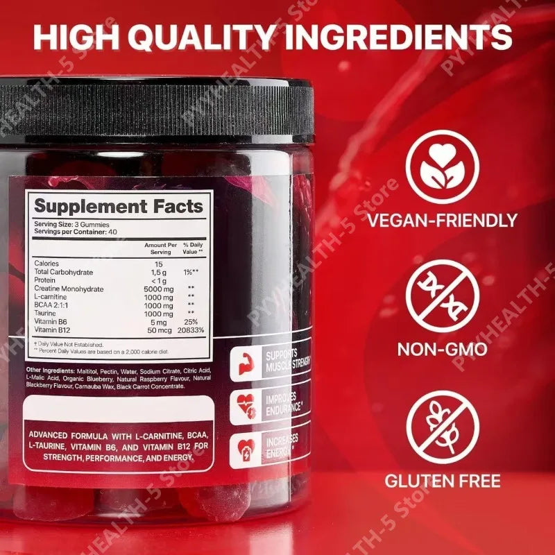 Creatine Monohydrate Gummies Vegan, Sugar-Free Pre Workout Creatine for Men & Women – Raspberry & BlackBerry Flavored Chewable