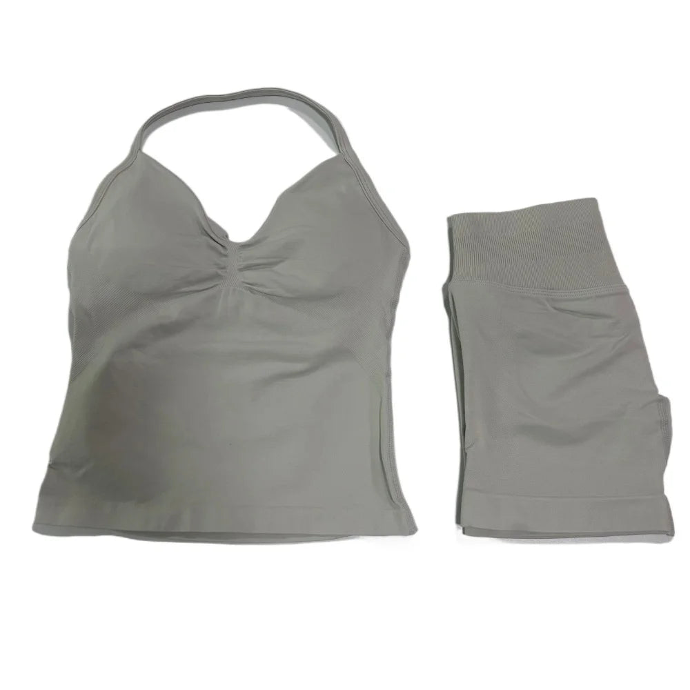 2Pcs Gym Set Women Backless Tank Tops High Waist Scrunch Seamless Shorts Gym Suit Fitness Clothes Activewear Workout Set