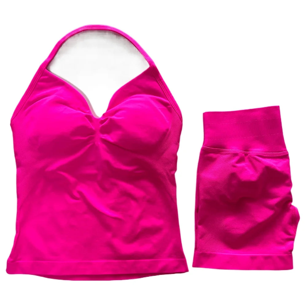 2Pcs Gym Set Women Backless Tank Tops High Waist Scrunch Seamless Shorts Gym Suit Fitness Clothes Activewear Workout Set