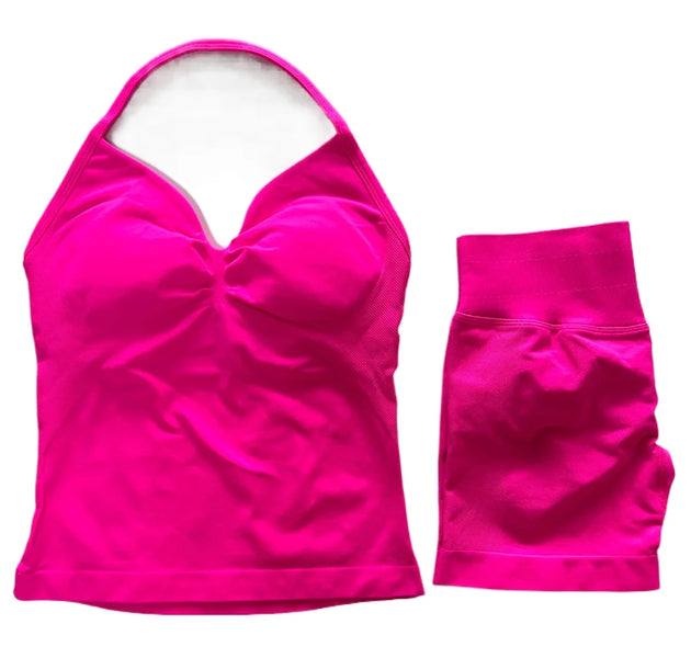 2Pcs Gym Set Women Backless Tank Tops High Waist Scrunch Seamless Shorts Gym Suit Fitness Clothes Activewear Workout Set