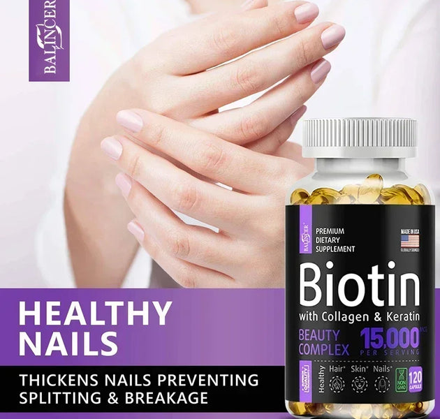 Biotin Supplement - 15,000 Mcg with Collagen and Keratin, Vitamins, Shiny Hair, Skin and Nails, Joint Health, 30/60/120 Capsules