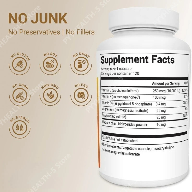 Vitamin D3 & K2 10,000 IU+MK-7 120 Capsules–Supports Bone & Heart Health with Magnesium Zinc & B6–No Fillers Non-GMO for Adults