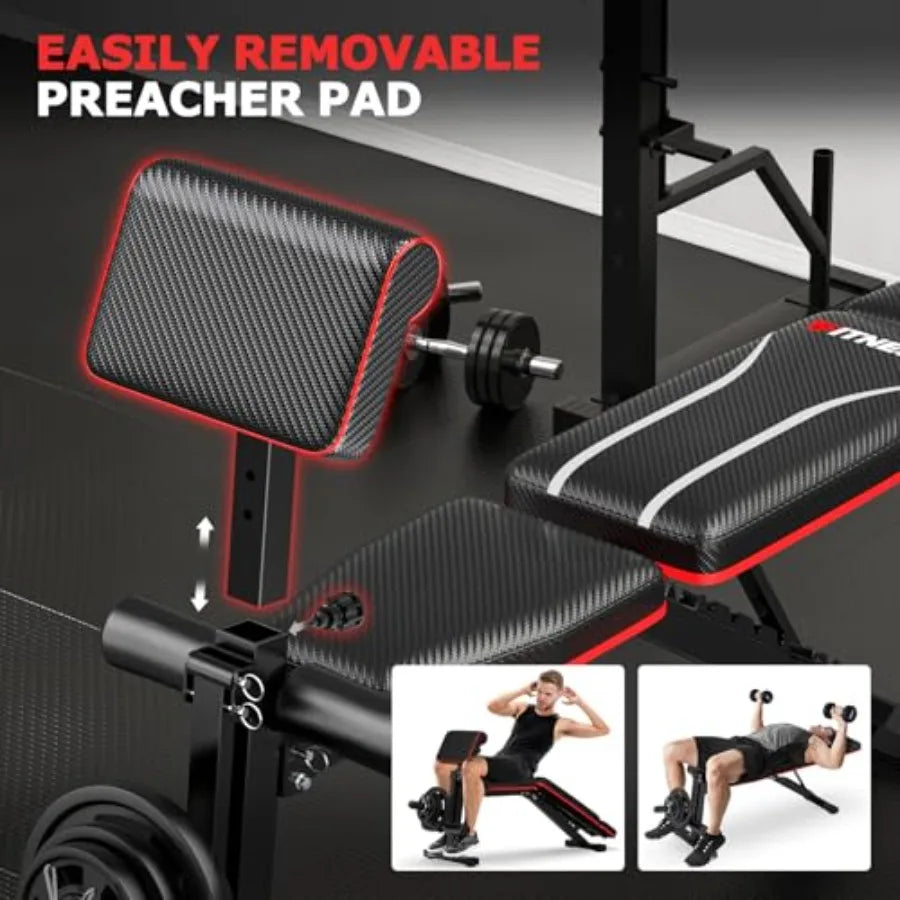 Foldable Workout Bench Adjustable Weight Bench for Home Gym with Leg Extension Preacher Pad Extended Headrest Collapsible Bench