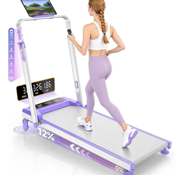 Portable 3.5HP Electric Treadmill with 12% Incline, Adjustable Height, Handle Bar, Under Desk Design, 350LBS Capacity, LED Displ