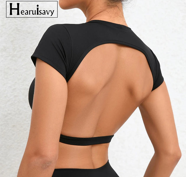 Hearuisavy Sports Shirts Breathable Workout Tops Fitness Sportswear Female Backless Yoga Clothing Sport Crop Tops Women Gym Top