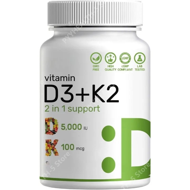 Vitamin D3 5,000 IU + K2 MK7 Softgels, 150 Count | 2-in-1 Complex | Easy To Swallow Compound Vitamin Health Food