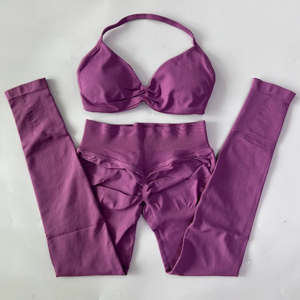 2 Pieces Set For Woman Strappy Yoga Bra Sports Top Workout Leggings Set Seamless Gym Set Fitness Clothes Outfit Activewear