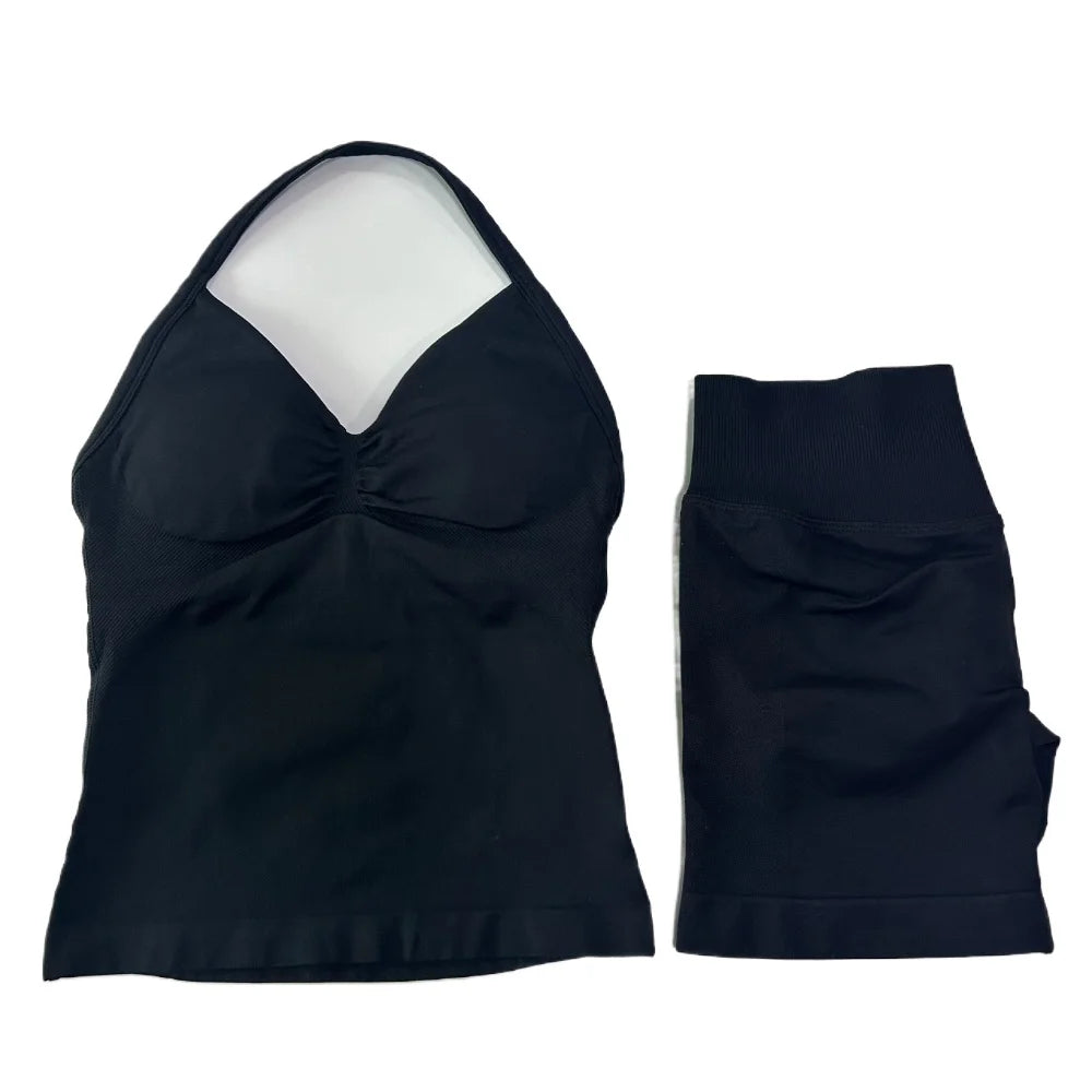 2Pcs Gym Set Women Backless Tank Tops High Waist Scrunch Seamless Shorts Gym Suit Fitness Clothes Activewear Workout Set
