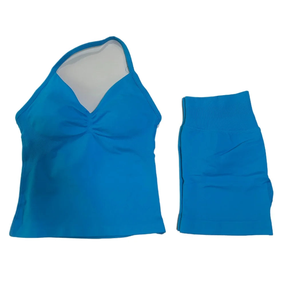 2Pcs Gym Set Women Backless Tank Tops High Waist Scrunch Seamless Shorts Gym Suit Fitness Clothes Activewear Workout Set