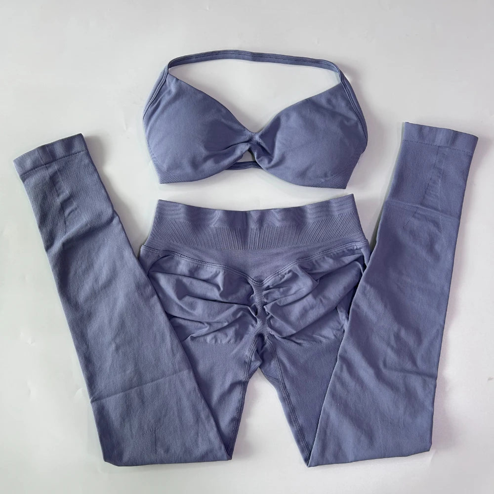 2 Pieces Set For Woman Strappy Yoga Bra Sports Top Workout Leggings Set Seamless Gym Set Fitness Clothes Outfit Activewear