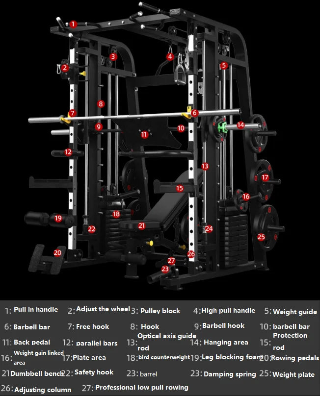 Smith Machine,Multi-Functional Exercise Equipment Home Fitness,Cage-Style,Multi-Power Adjustable, Squat Rack+Bench+100KG Weights