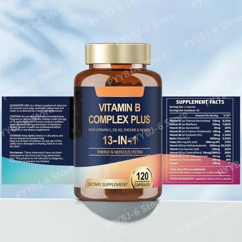 Vitamin B Complex Plus13-in-1 120Vegan Capsules Energy Support Immune Health Nerve Function Skin Wellness Antioxidant Supplement