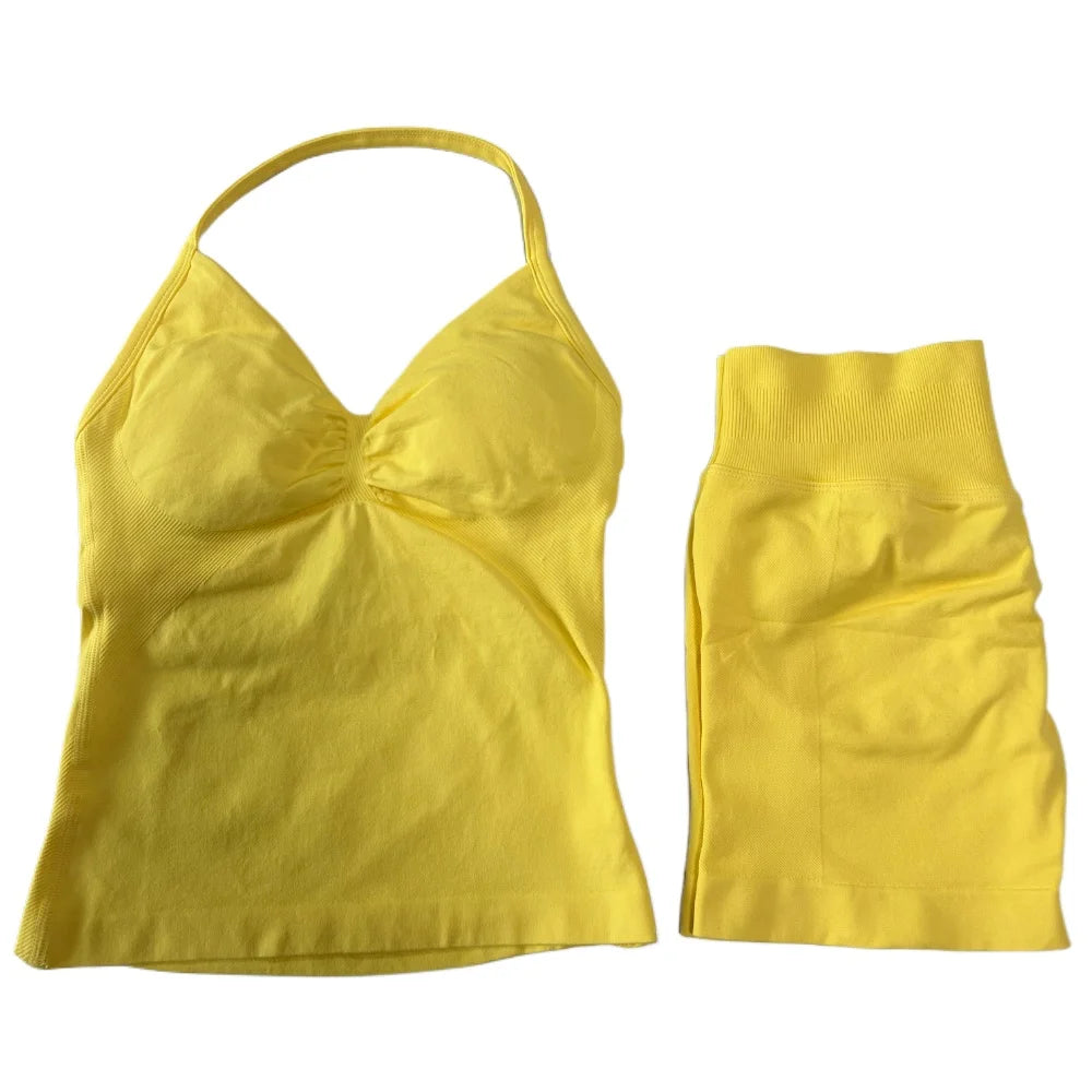 2Pcs Gym Set Women Backless Tank Tops High Waist Scrunch Seamless Shorts Gym Suit Fitness Clothes Activewear Workout Set