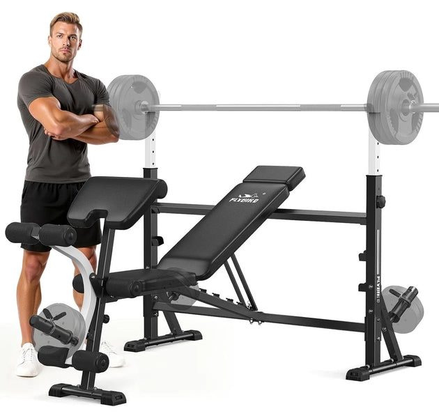 FLYBIRD Adjustable Weight Bench, with Bench Press Rack, Leg Extension and Leg curl, for Home Gym Workout，47IN-Width
