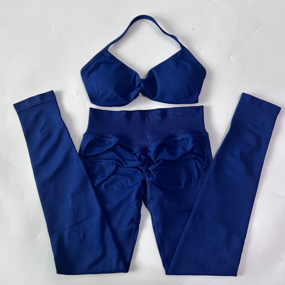 2 Pieces Set For Woman Strappy Yoga Bra Sports Top Workout Leggings Set Seamless Gym Set Fitness Clothes Outfit Activewear