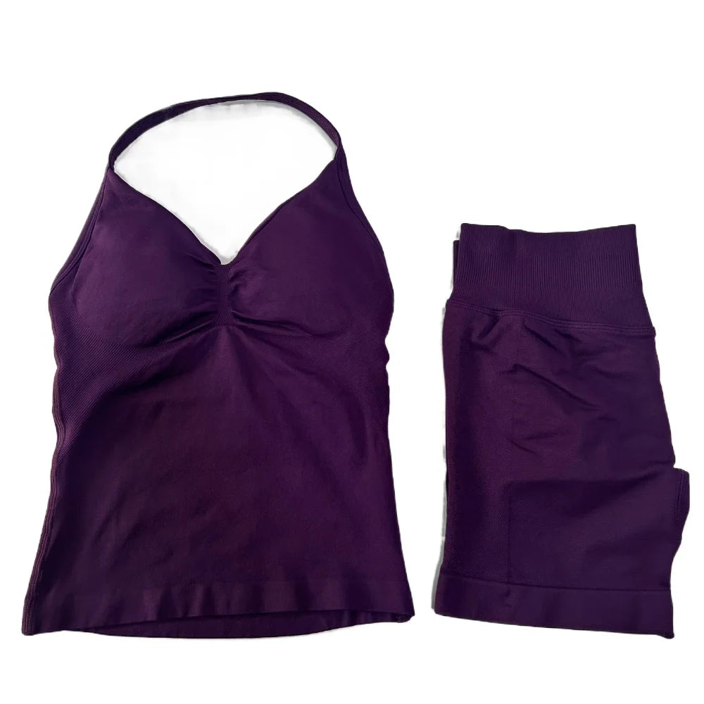 2Pcs Gym Set Women Backless Tank Tops High Waist Scrunch Seamless Shorts Gym Suit Fitness Clothes Activewear Workout Set