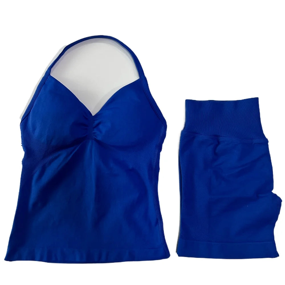 2Pcs Gym Set Women Backless Tank Tops High Waist Scrunch Seamless Shorts Gym Suit Fitness Clothes Activewear Workout Set