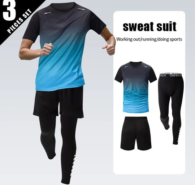 3 Pcs Men's Quick-drying Sports Gradient Suit Leisure Sports Running Short Sleeve Comfortable Sun Protection Pants Joker Shorts