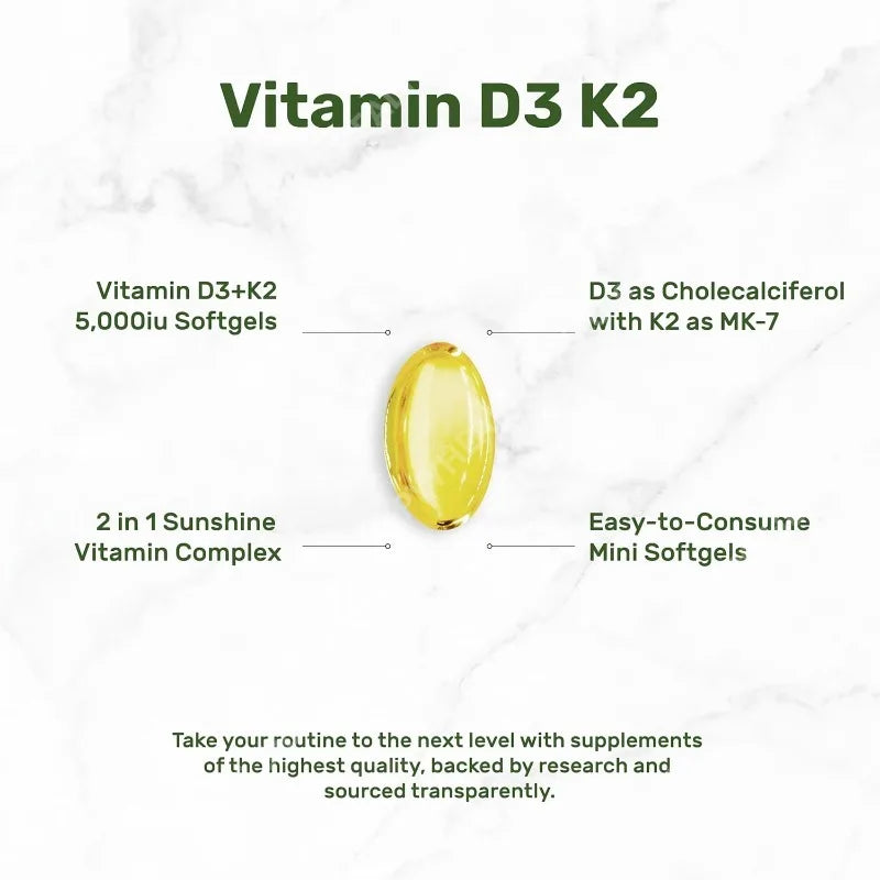 Vitamin D3 5,000 IU + K2 MK7 Softgels, 150 Count | 2-in-1 Complex | Easy To Swallow Compound Vitamin Health Food