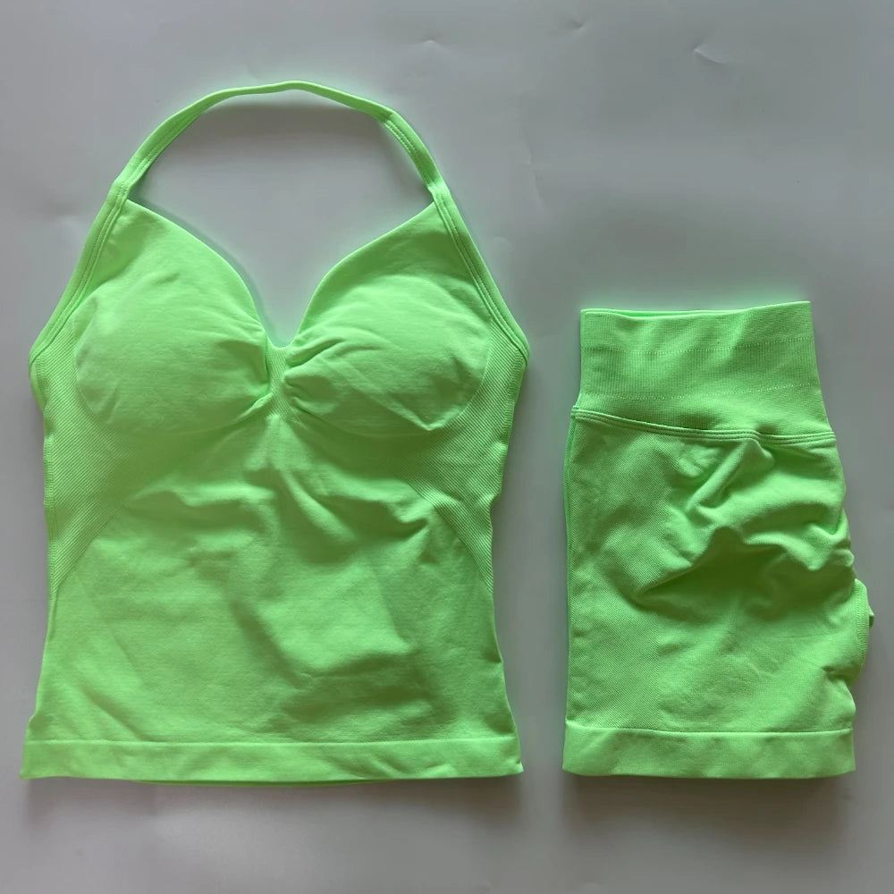 2Pcs Gym Set Women Backless Tank Tops High Waist Scrunch Seamless Shorts Gym Suit Fitness Clothes Activewear Workout Set