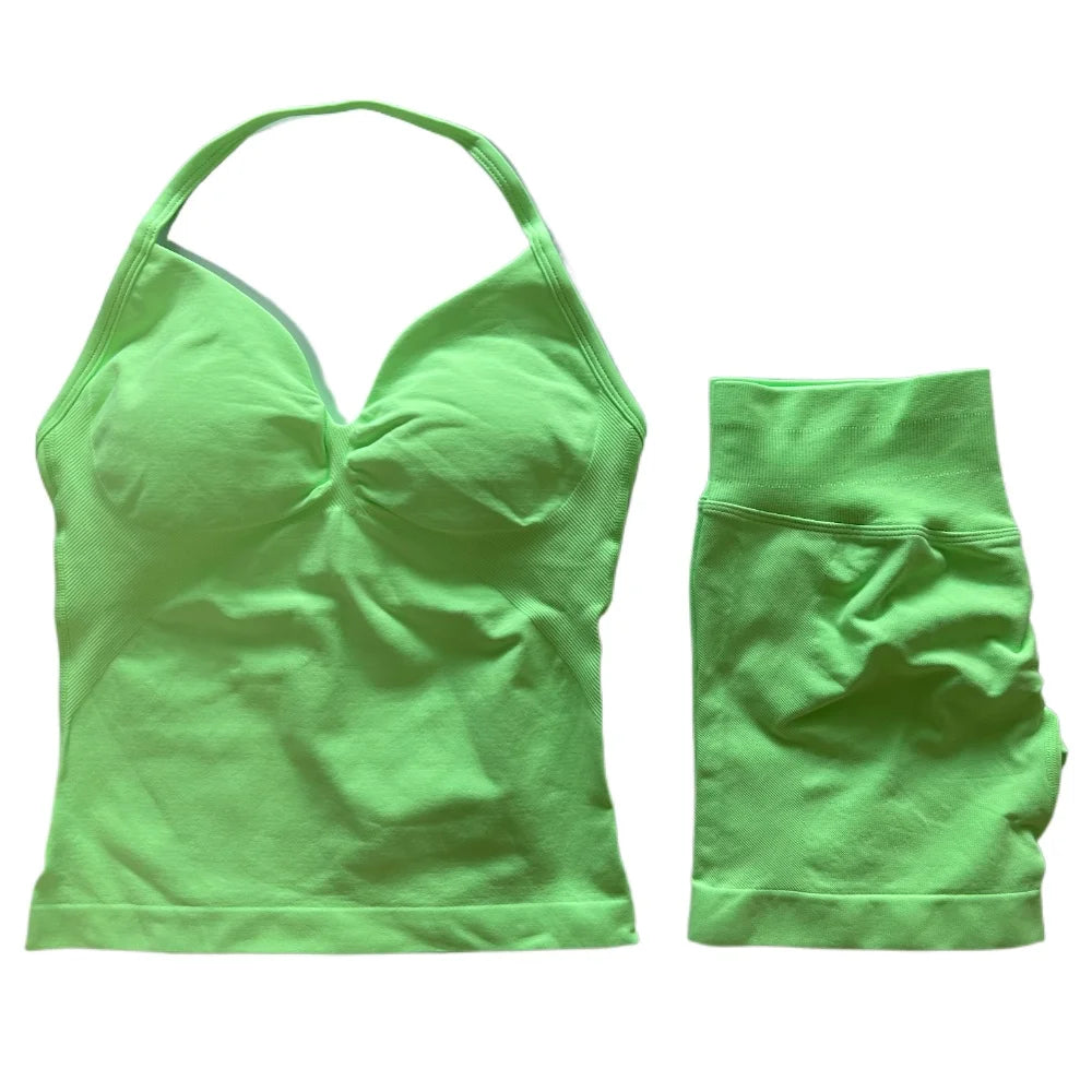 2Pcs Gym Set Women Backless Tank Tops High Waist Scrunch Seamless Shorts Gym Suit Fitness Clothes Activewear Workout Set