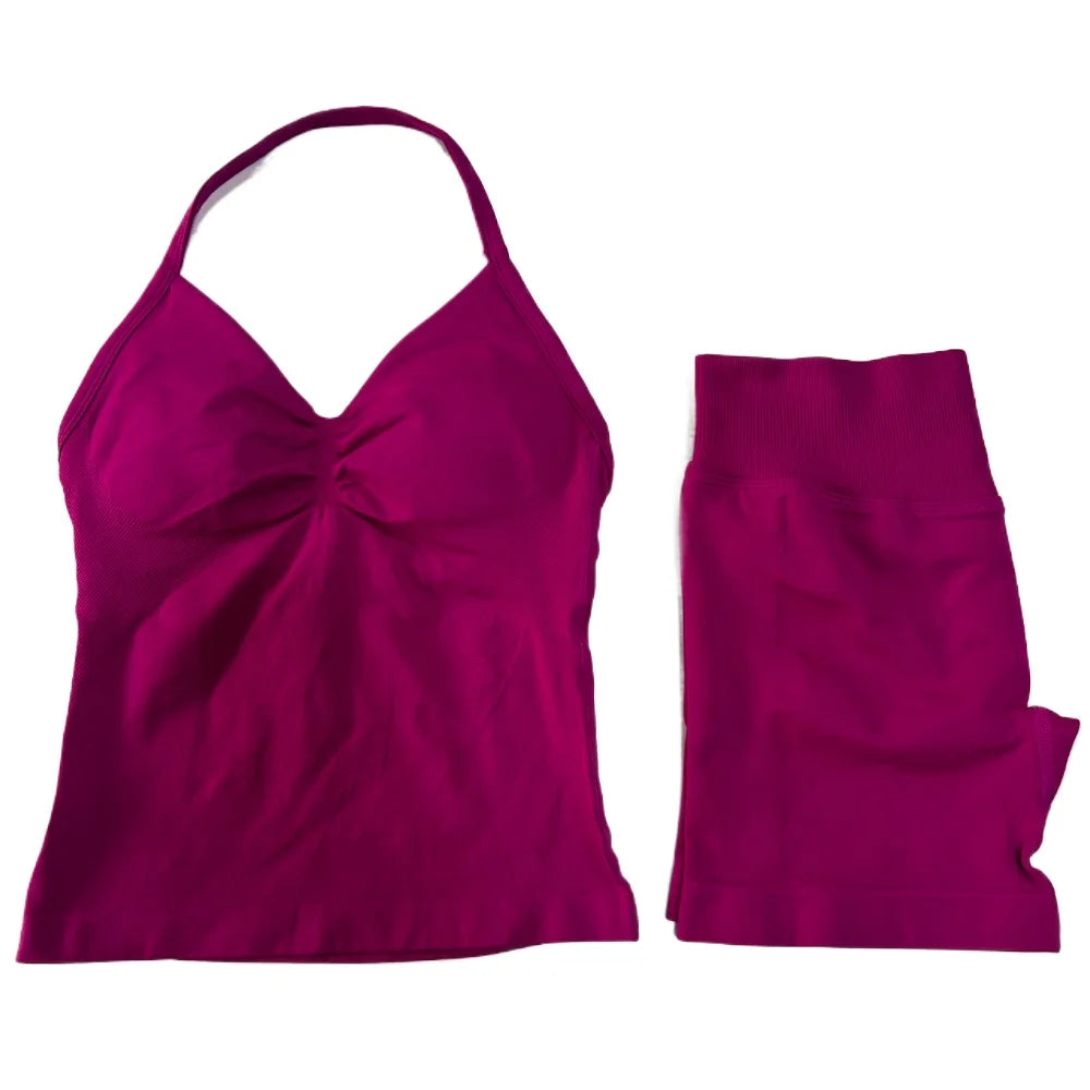 2Pcs Gym Set Women Backless Tank Tops High Waist Scrunch Seamless Shorts Gym Suit Fitness Clothes Activewear Workout Set