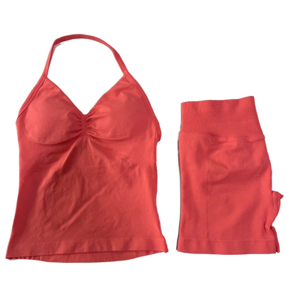 2Pcs Gym Set Women Backless Tank Tops High Waist Scrunch Seamless Shorts Gym Suit Fitness Clothes Activewear Workout Set