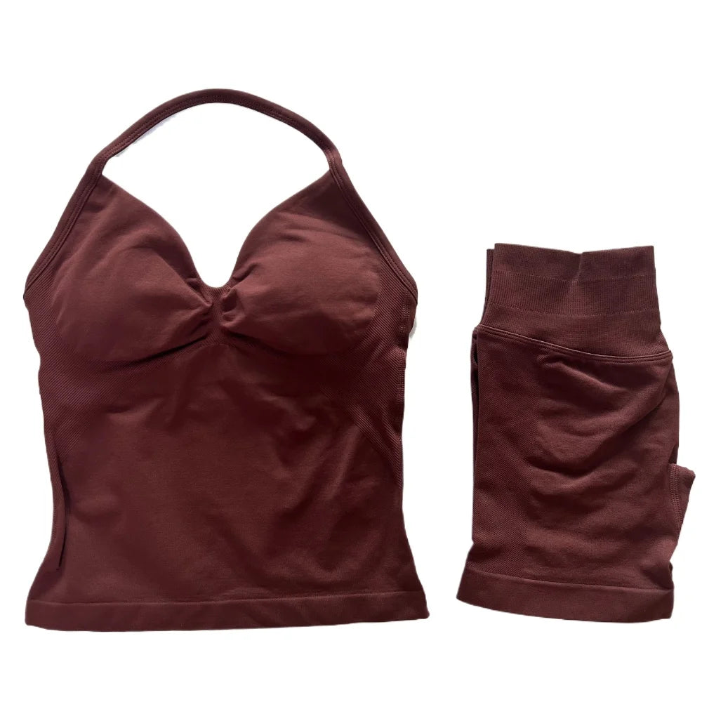 2Pcs Gym Set Women Backless Tank Tops High Waist Scrunch Seamless Shorts Gym Suit Fitness Clothes Activewear Workout Set