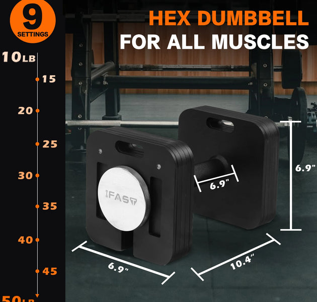 9-in-1 50LB Adjustable Square Dumbbells Set, Quick-Lock, Free Weights with Multi Weight Options