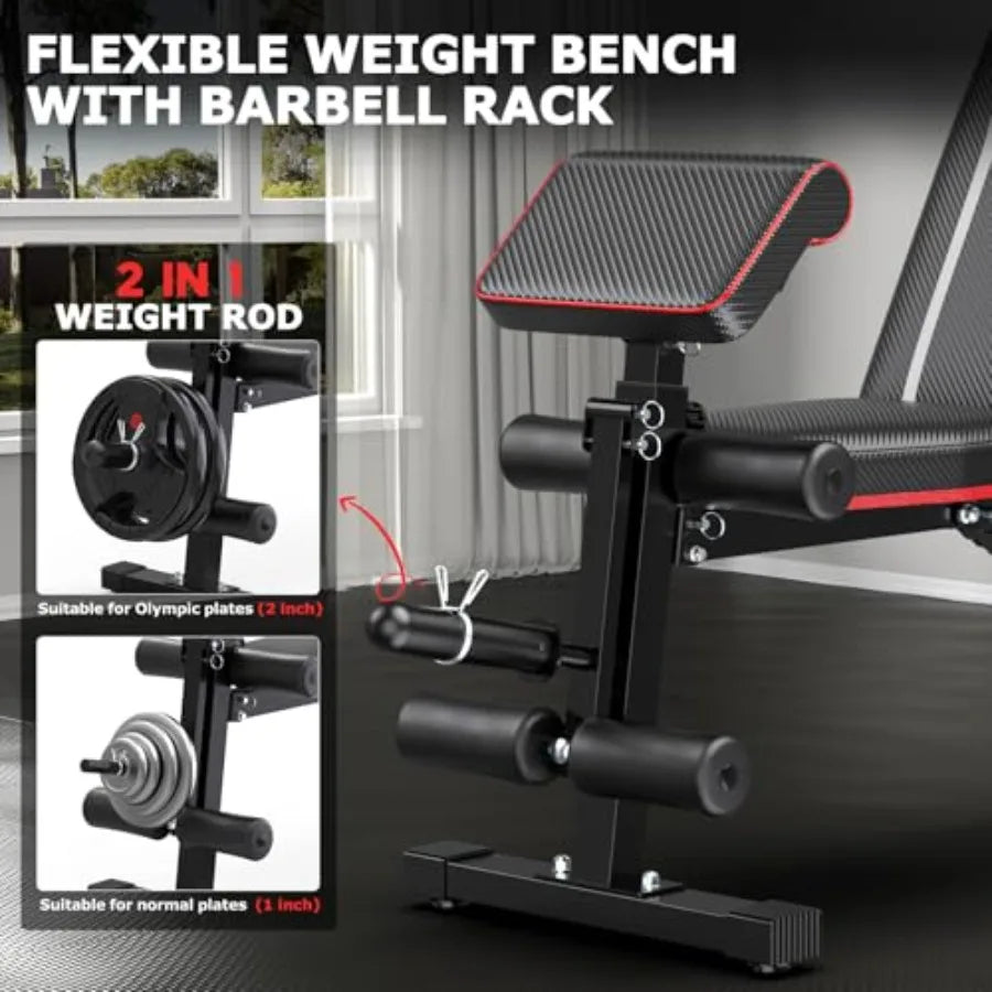 Foldable Workout Bench Adjustable Weight Bench for Home Gym with Leg Extension Preacher Pad Extended Headrest Collapsible Bench