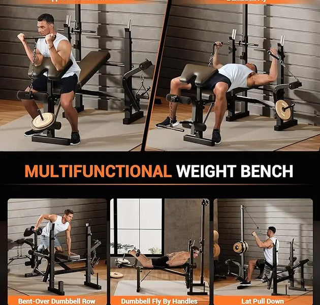 7 IN 1 Weight Bench Set with Squat Rack, Adjustable Bench Press Set with Leg Extensions, Foldable Workout Bench for Home Gym
