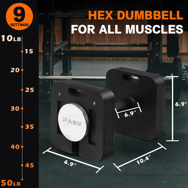 9-in-1 50LB Adjustable Square Dumbbells Set, Quick-Lock, Free Weights with Multi Weight Options