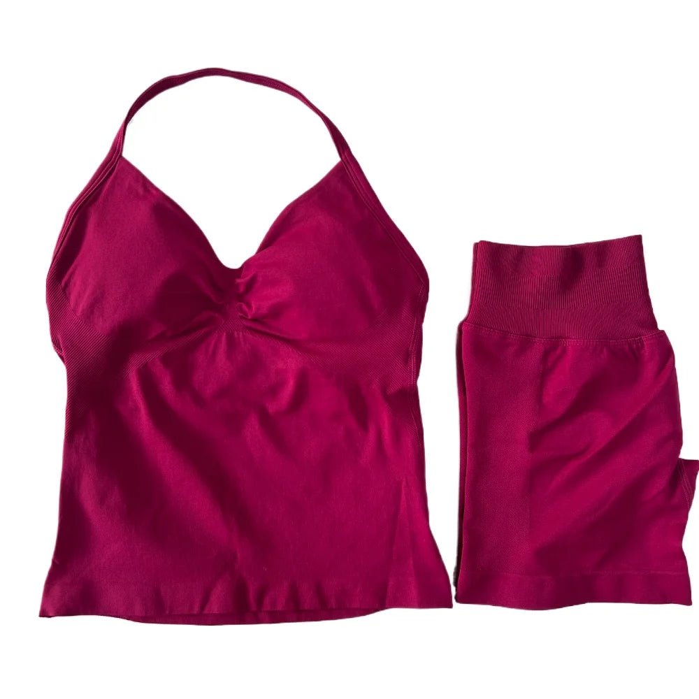 2Pcs Gym Set Women Backless Tank Tops High Waist Scrunch Seamless Shorts Gym Suit Fitness Clothes Activewear Workout Set