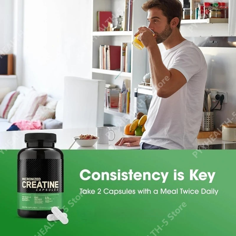 Creatine Monohydrate Supplement 60 Capsules Muscle Strength Fitness Pre-Workout Post-Workout Muscle Recovery Non-GMO Gluten-Free