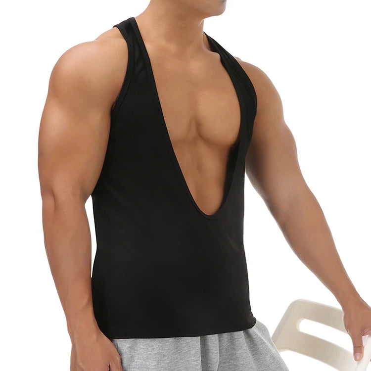 Muscle Tank Vest Men's Sports Sleeveless Shirts Sexy Deep V Neck Loose Summer Vests Solid Color T Shirts Fitness Gmy Tops