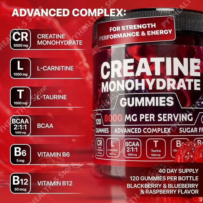 Creatine Monohydrate Gummies Vegan, Sugar-Free Pre Workout Creatine for Men & Women – Raspberry & BlackBerry Flavored Chewable