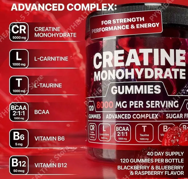 Creatine Monohydrate Gummies Vegan, Sugar-Free Pre Workout Creatine for Men & Women – Raspberry & BlackBerry Flavored Chewable