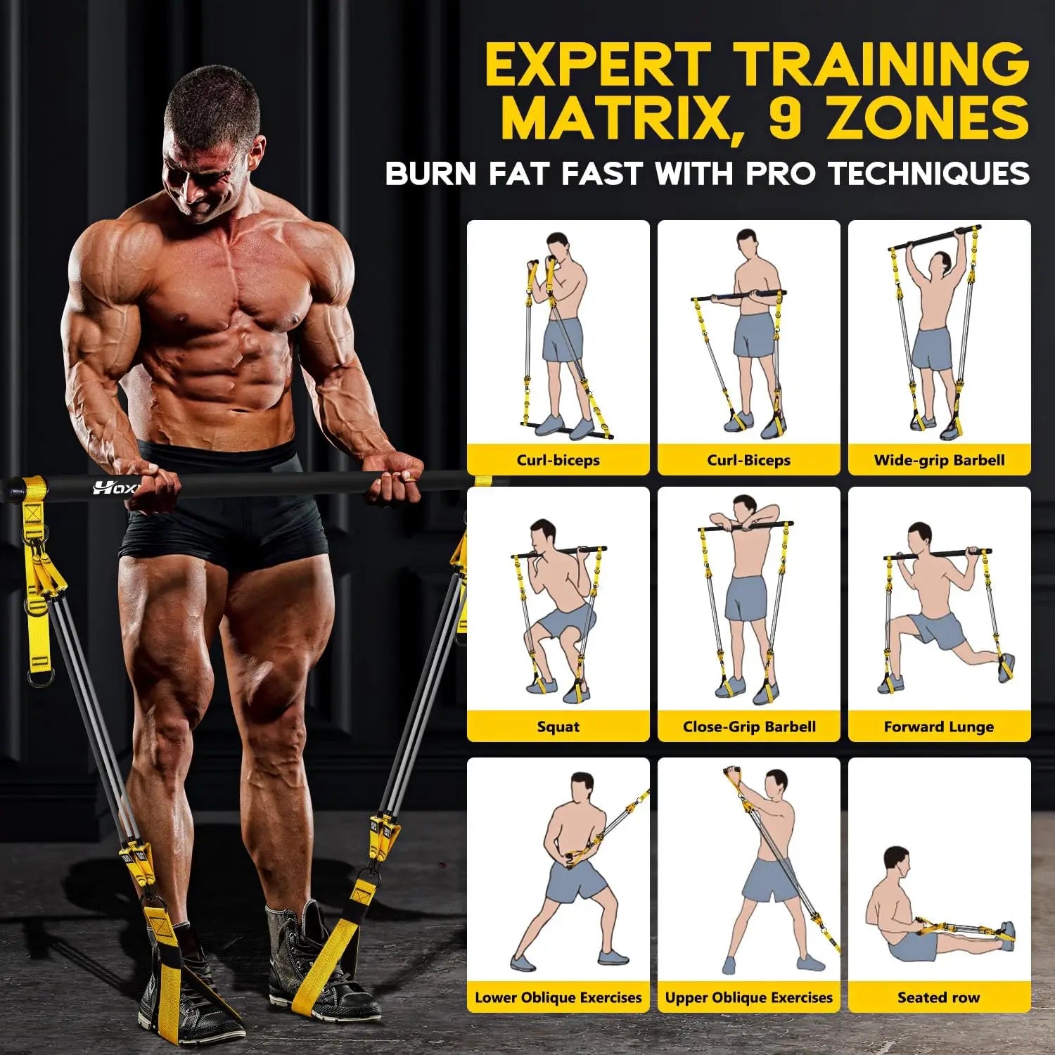 Portable Pilates Bar Kit with Adjustable Resistance Bands, Home Gym Full Body Workout Equipment for Strength Training