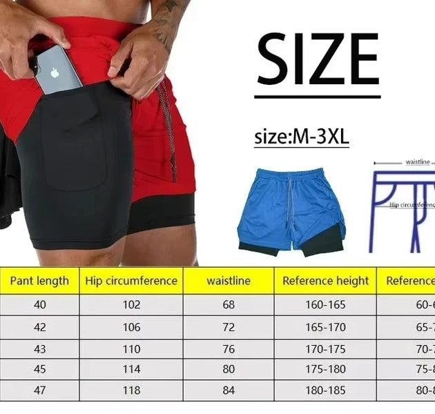 Men's Double Layer Fitness Shorts Men Fitness Gym Training 2 in 1 Sports Shorts Quick Dry Workout Jogging Double Deck Summer