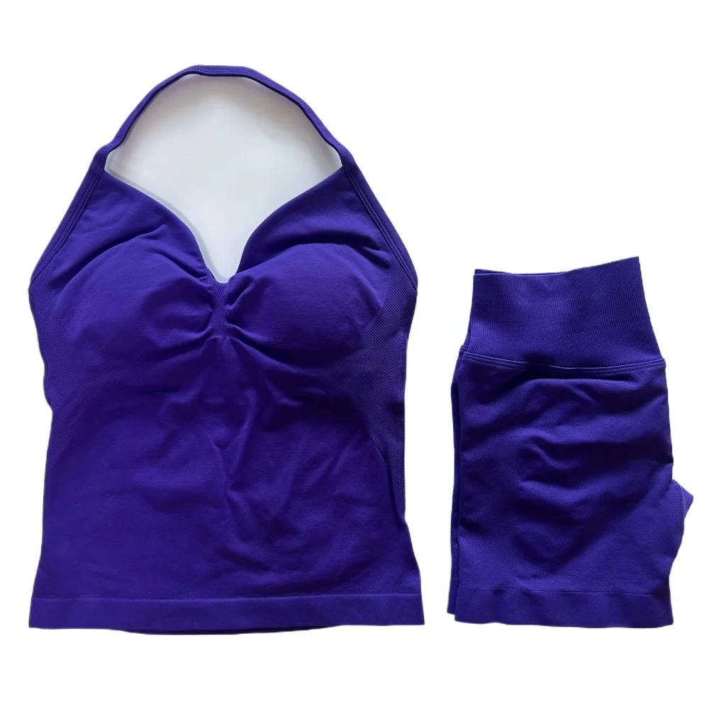 2Pcs Gym Set Women Backless Tank Tops High Waist Scrunch Seamless Shorts Gym Suit Fitness Clothes Activewear Workout Set