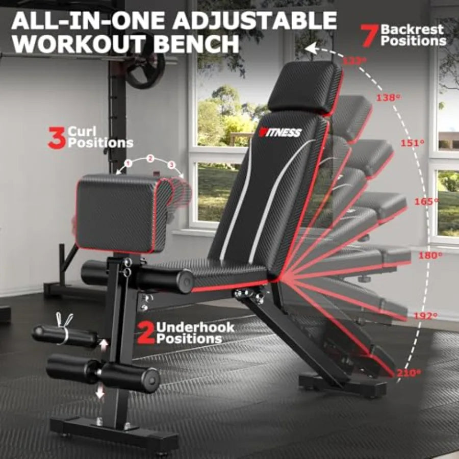 Foldable Workout Bench Adjustable Weight Bench for Home Gym with Leg Extension Preacher Pad Extended Headrest Collapsible Bench