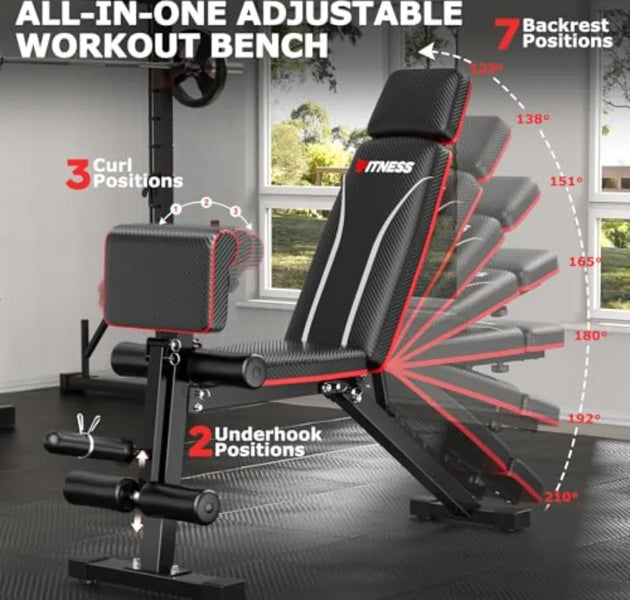 Foldable Workout Bench Adjustable Weight Bench for Home Gym with Leg Extension Preacher Pad Extended Headrest Collapsible Bench